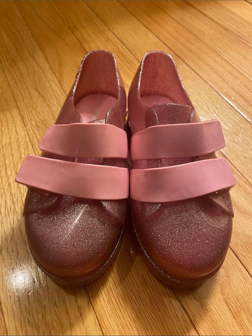 Mini Melissa Glitter Pink Platform Mules with Wide Pink Straps